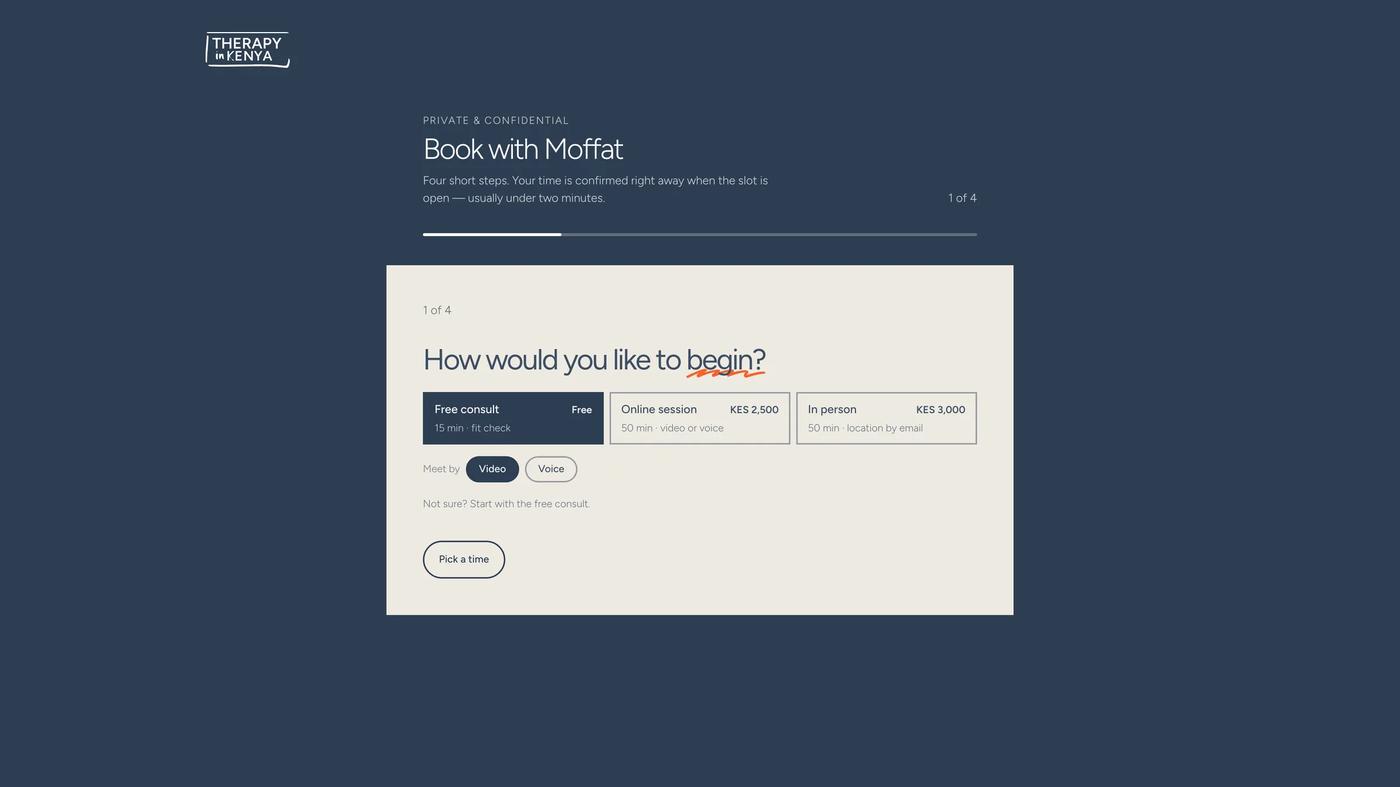 Four-step booking wizard with session types and pricing