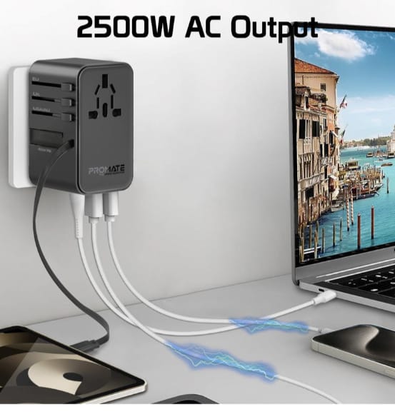 Promate 70W GaNFast™Travel Adapter with Retractable Built-in USB-C Cable alternate view