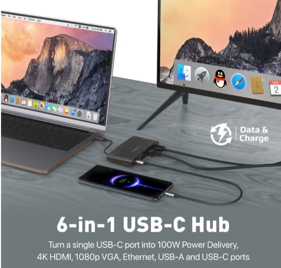 Promate 6-in-1 Highly Versatile USB-C Media Hub with 100W Power Delivery alternate view