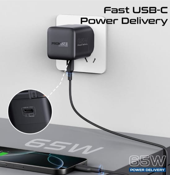 Promate 65W PD GanFast™ Charging Adapter with Retractable USB-C Cable alternate view