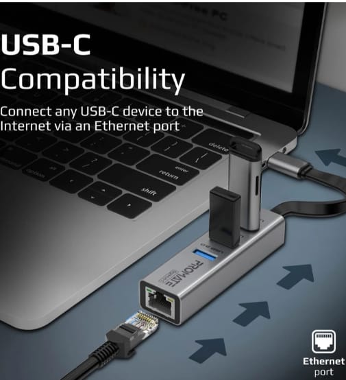 Promate Multi-Port USB-C Hub with Ethernet Adapter (USB 3.0 Ports, 5Gbps Sync, 1000Mbps Ethernet as icons) alternate view