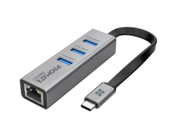 Promate Multi-Port USB-C Hub with Ethernet Adapter (USB 3.0 Ports, 5Gbps Sync, 1000Mbps Ethernet as icons)
