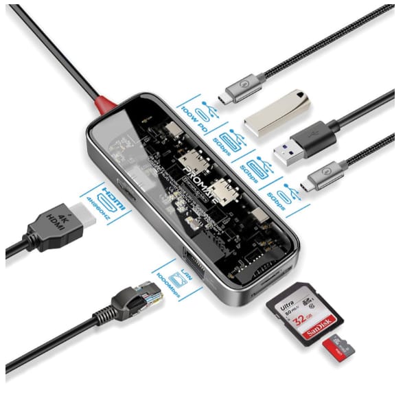 Promate 8-in 1 Transparent Ultra-Fast Multiport USB-C Hub with 100W Power Delivery
