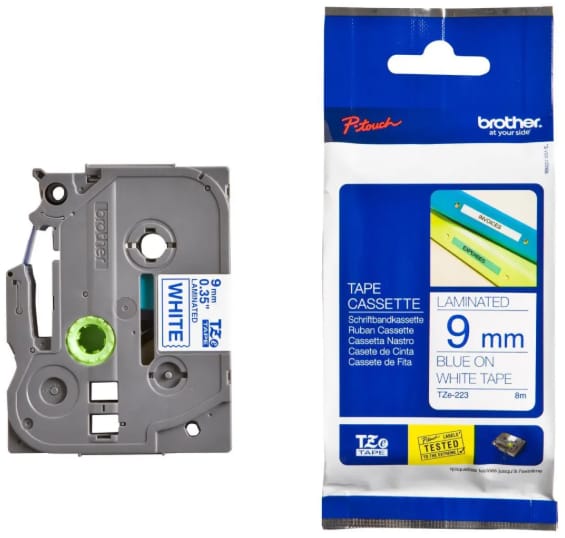Brother TZe-223 – 9mm Blue on White Laminated Label Tape