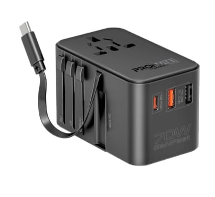 Promate 70W GaNFast™Travel Adapter with Retractable Built-in USB-C Cable