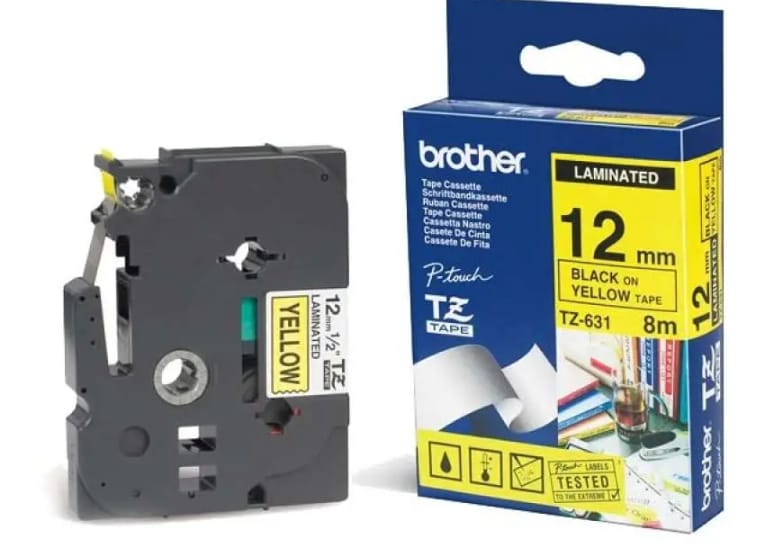 Brother TZe Laminated Label Tape (12mm) – Black on Yellow / Black on White / White on Black