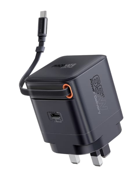 Promate 65W PD GanFast™ Charging Adapter with Retractable USB-C Cable